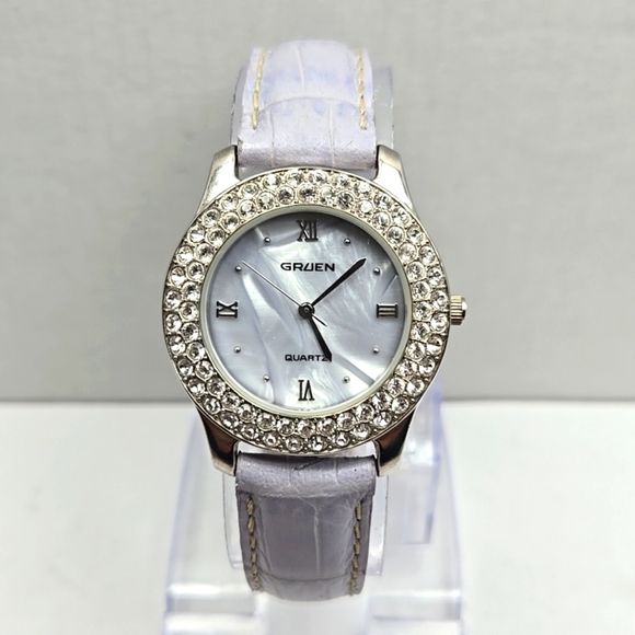 Womens Gruen Pave Crystal Lavender Watch Silver MOP Purple Leather New Battery - Picture 1 of 12